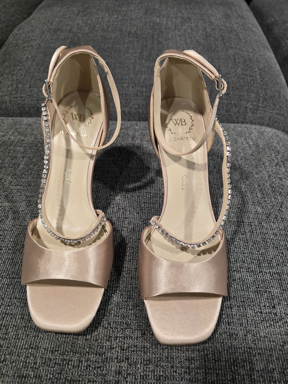 le chateau Rose Gold Satin Rhinestone Ankle-Strap Heels